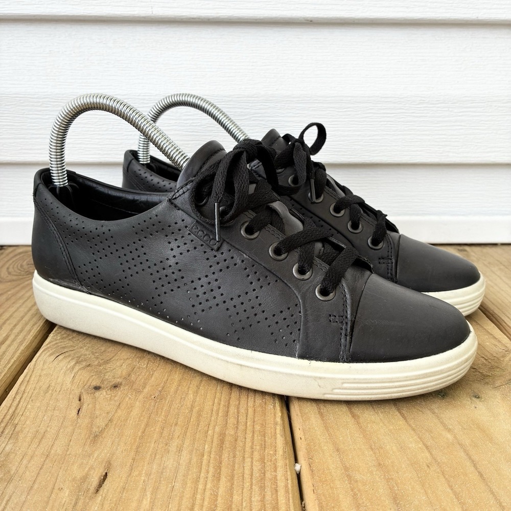 Ecco Soft 7 Perforated Lace Up Leather Black Sneakers Womens EU 39 US 8